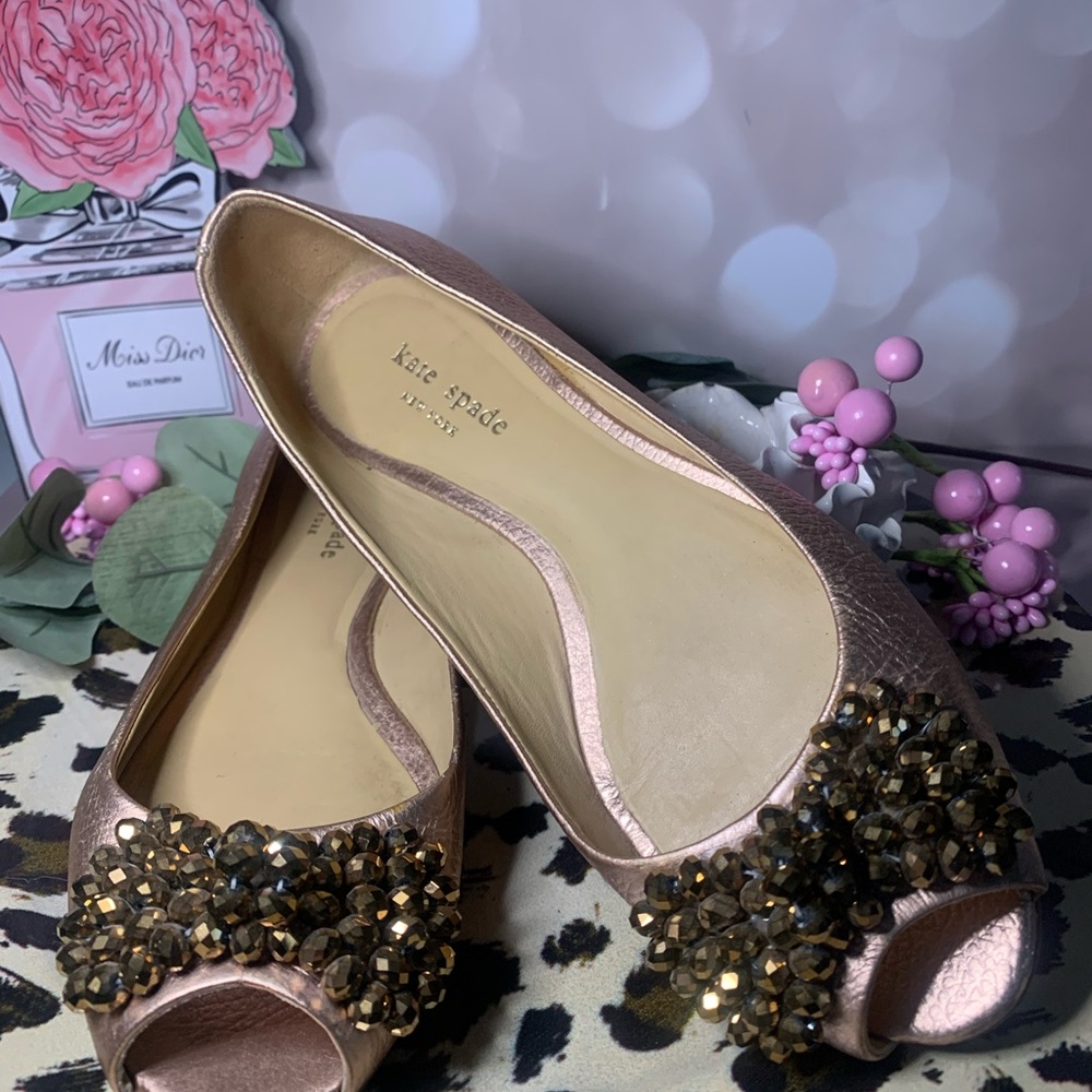 Kate Spade Peep Toe Metallic Blush Flats with Gold Accents